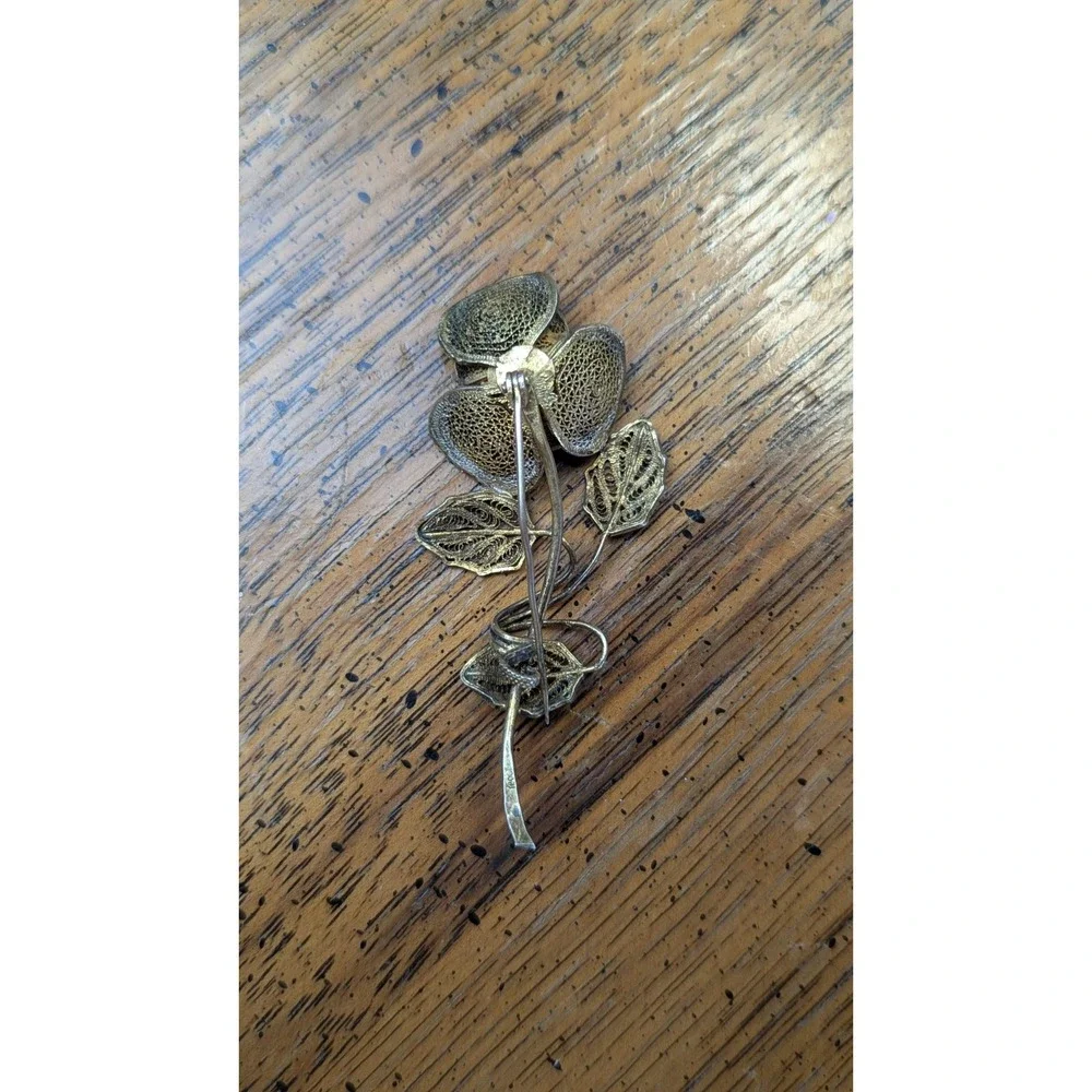 Vintage 800 Silver Ornate Intricate Filigree Enameled Leaves‎ Flower Brooch Pin